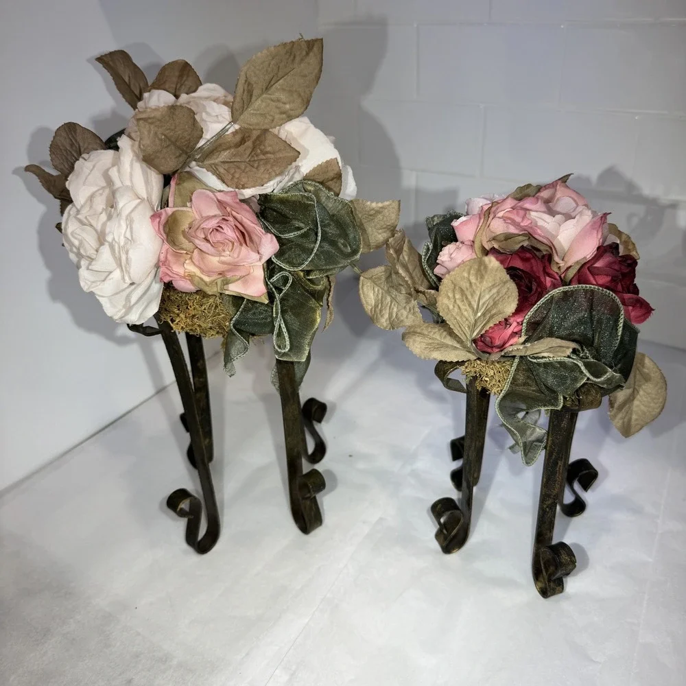 Artificial Pink/Dusty Rose/moss Flower FAUX Bouquet w Iron Legs Green Ribbon‎